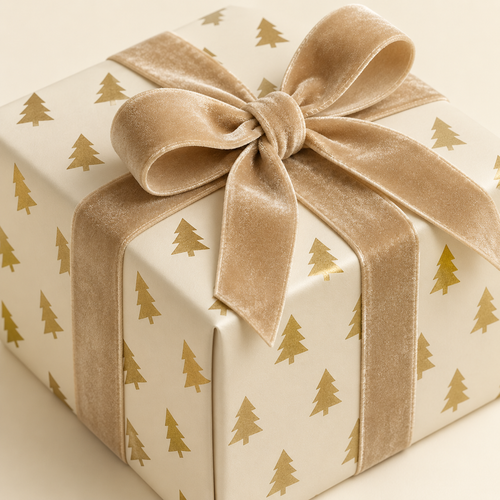 Close-up of Maison Velere Golden Trees wrapping paper with metallic gold Christmas trees on ivory paper and champagne velvet ribbon