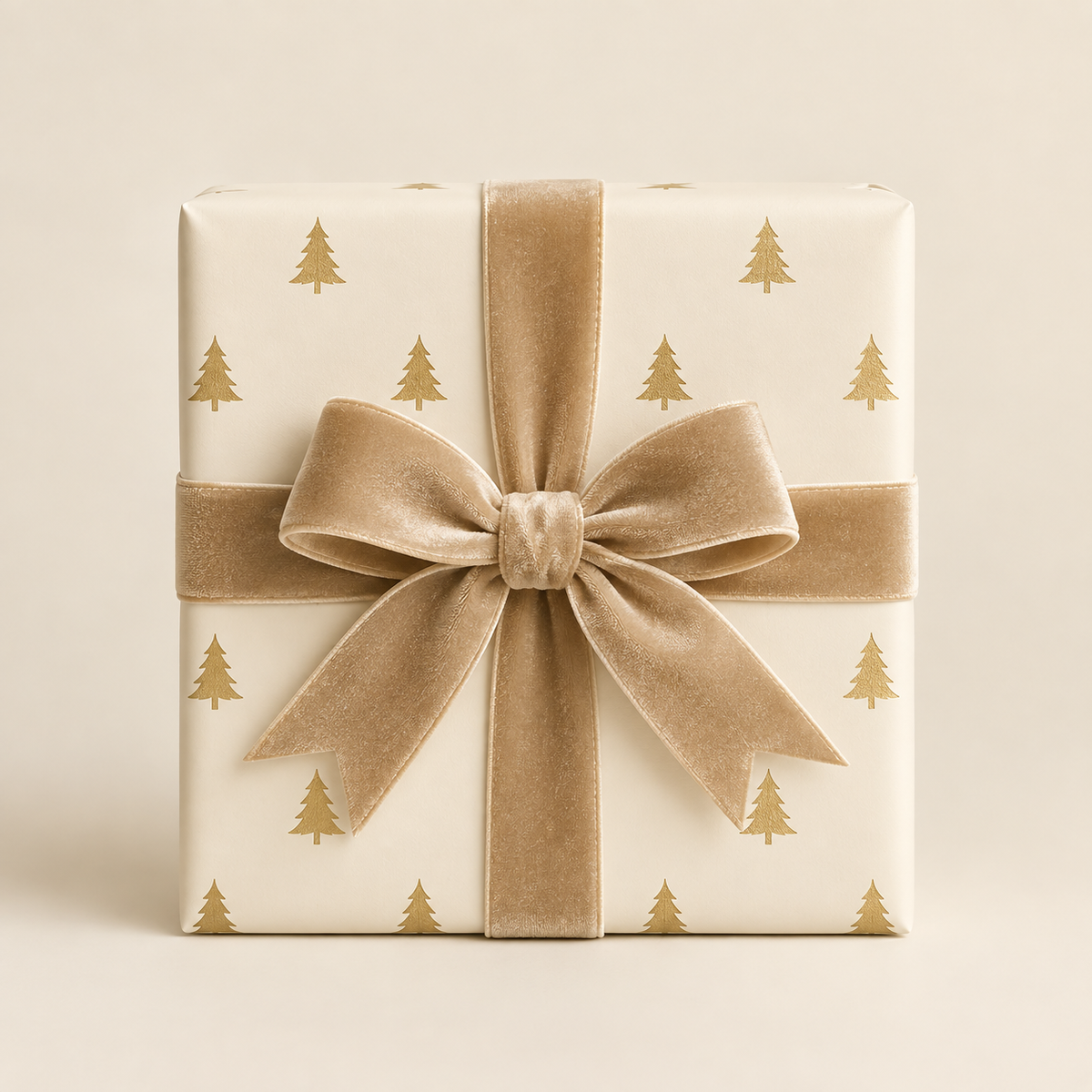 Maison Velere Golden Trees wrapping paper in ivory with metallic gold Christmas trees and champagne velvet ribbon