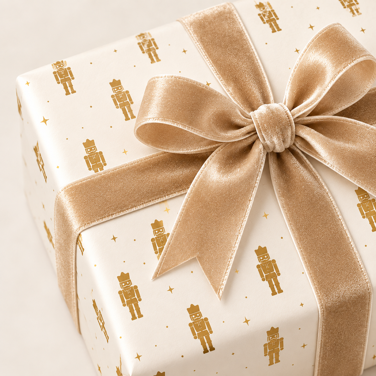 Close-up of Maison Velere Ivory and Gold Nutcracker wrapping paper with metallic gold nutcracker motifs and champagne-gold ribbon