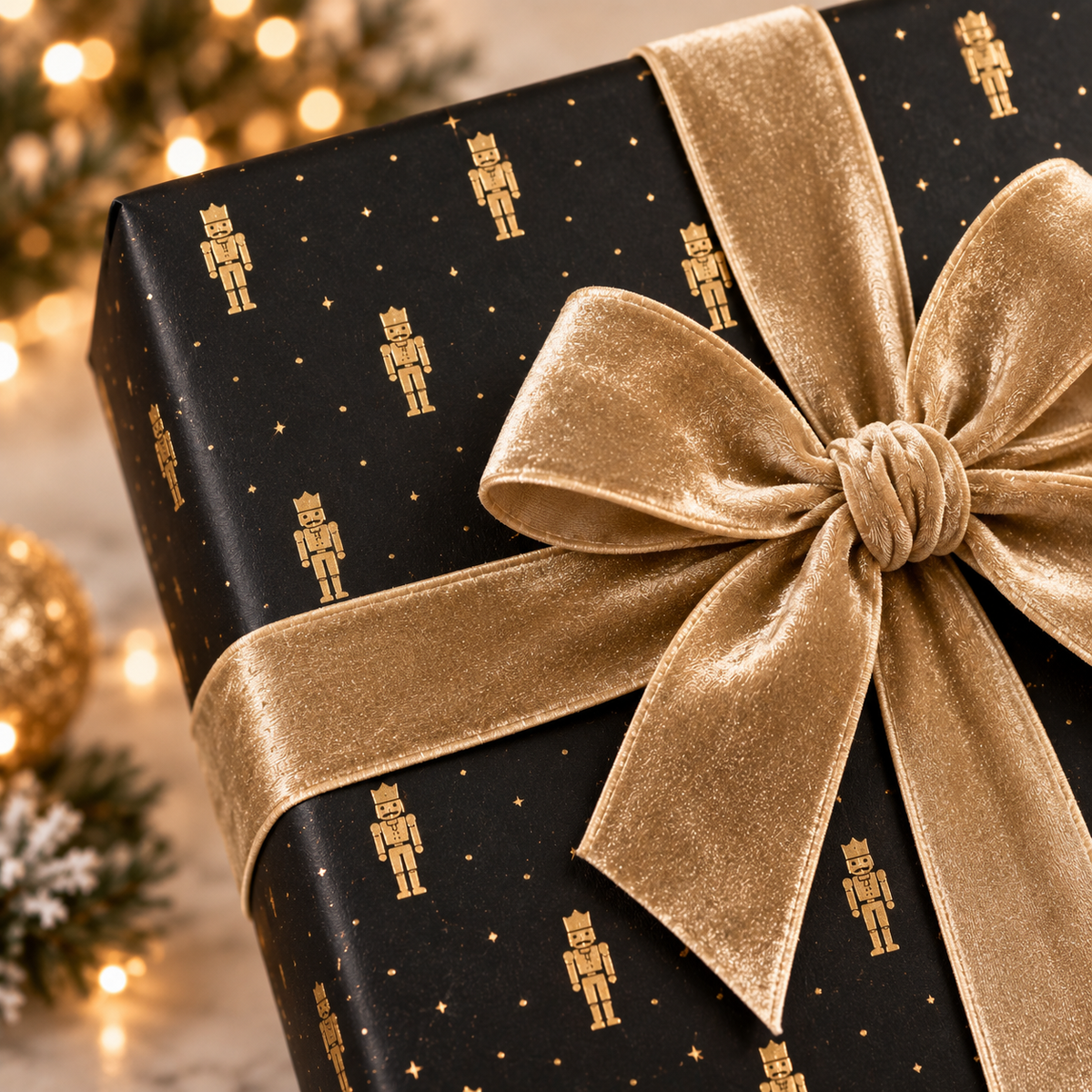 Close-up of Maison Velere Midnight Nutcracker wrapping paper with gold nutcracker motifs on matte black paper and a champagne-gold bow