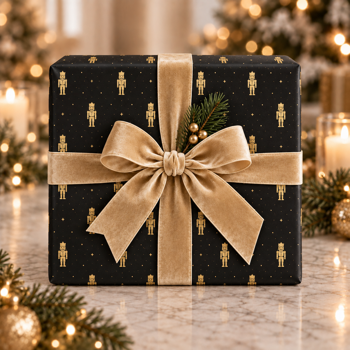 Maison Velere Midnight Nutcracker wrapping paper in matte black with gold nutcracker motifs, wrapped with a champagne-gold bow