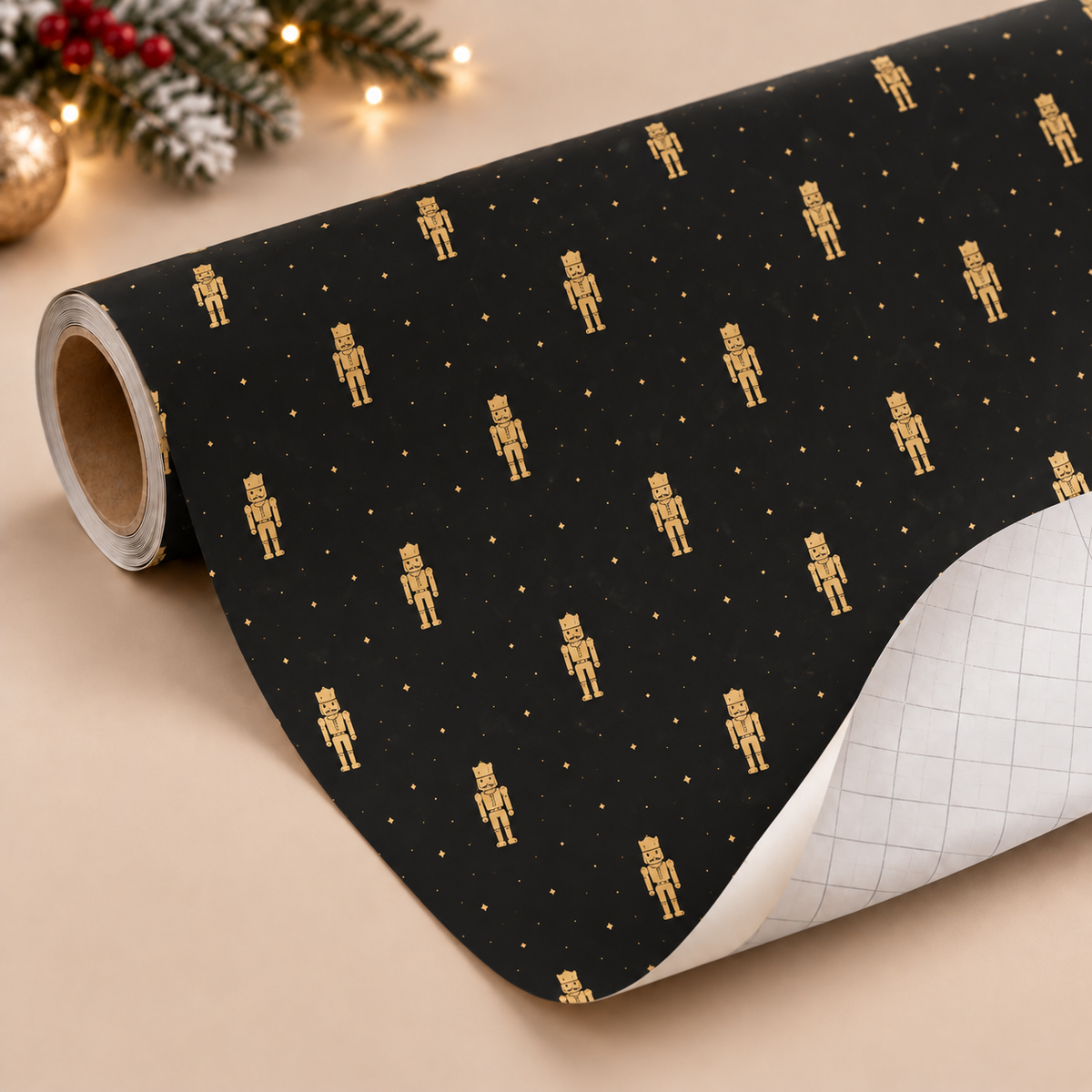 Maison Velere Midnight Nutcracker wrapping paper roll in matte black with gold nutcracker motifs, showing gray cutting grid lines on the back