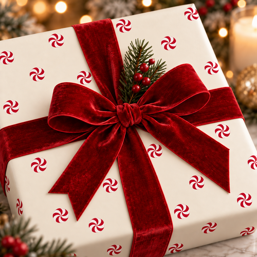 Close-up of cream Maison Velere wrapping paper with scattered red-and-white peppermint swirls and a red velvet bow