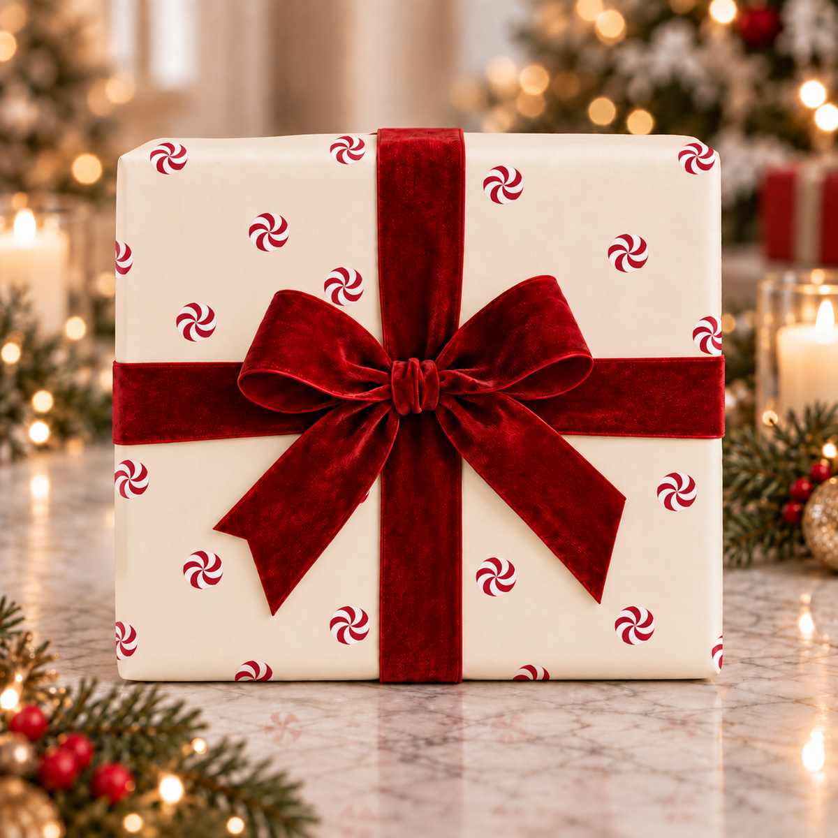 Maison Velere cream wrapping paper with scattered red-and-white peppermint swirls, styled with a red velvet bow