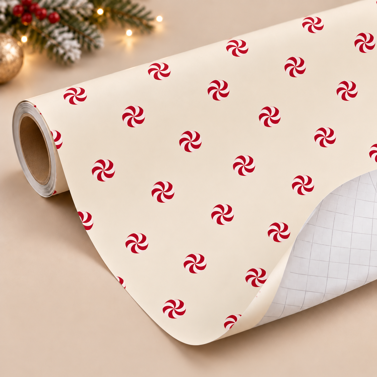 Maison Velere cream wrapping paper roll with scattered red-and-white peppermint swirls and gray cutting grid on the reverse