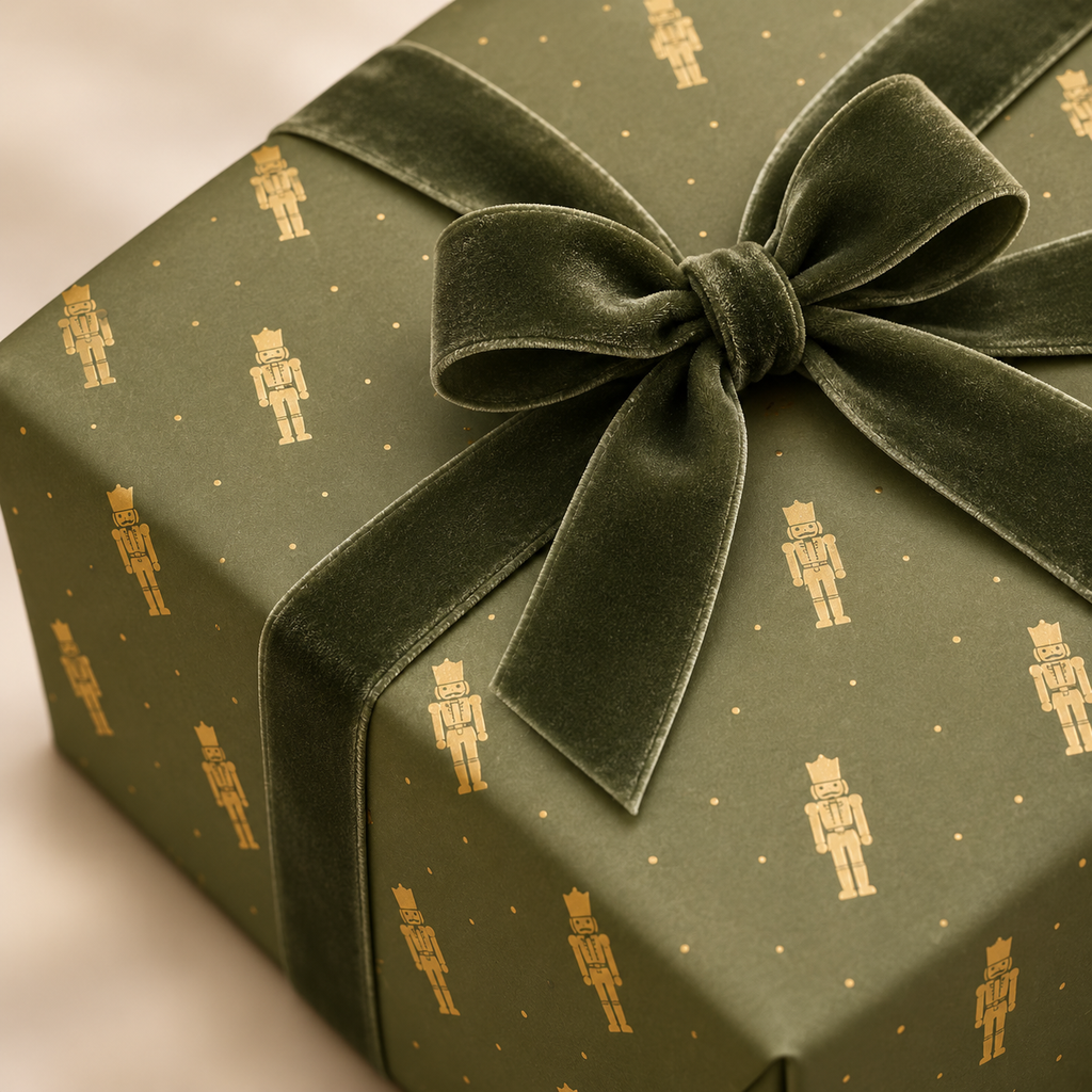 Close-up of Maison Velere Sage Nutcracker wrapping paper with metallic gold nutcracker motifs and deep sage velvet ribbon