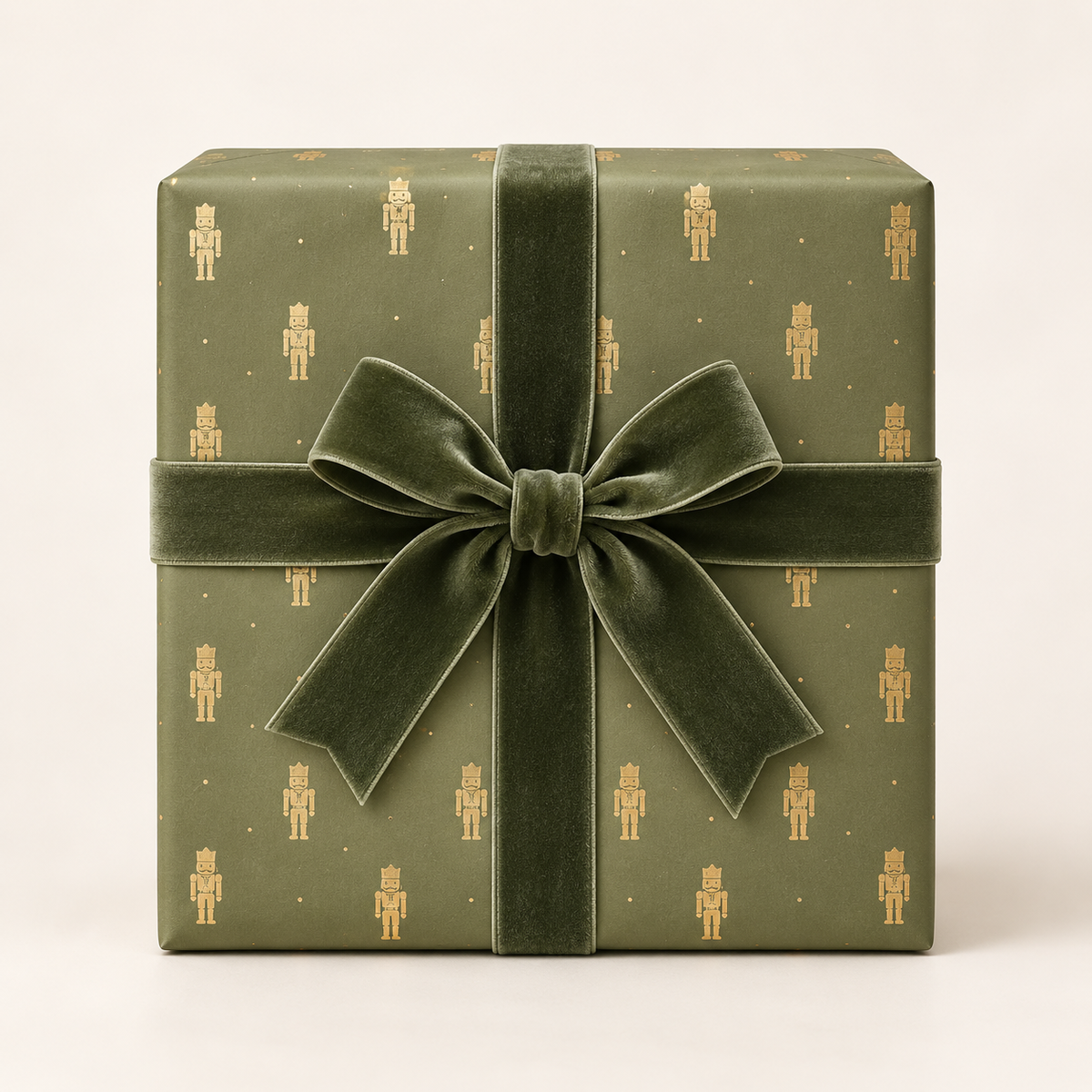 Maison Velere Sage Nutcracker wrapping paper with metallic gold nutcracker motifs and deep sage velvet ribbon