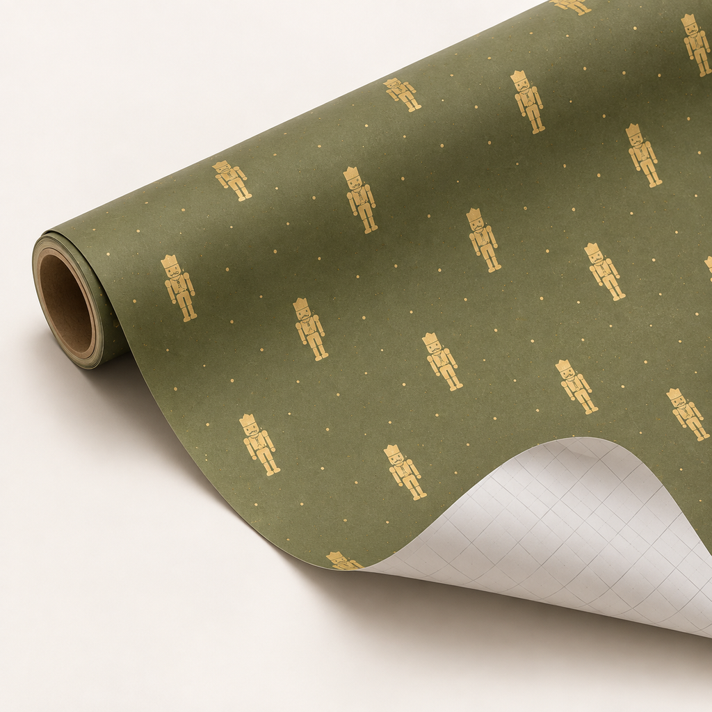 Maison Velere Sage Nutcracker wrapping paper roll showing light gray cutting grid lines on the back