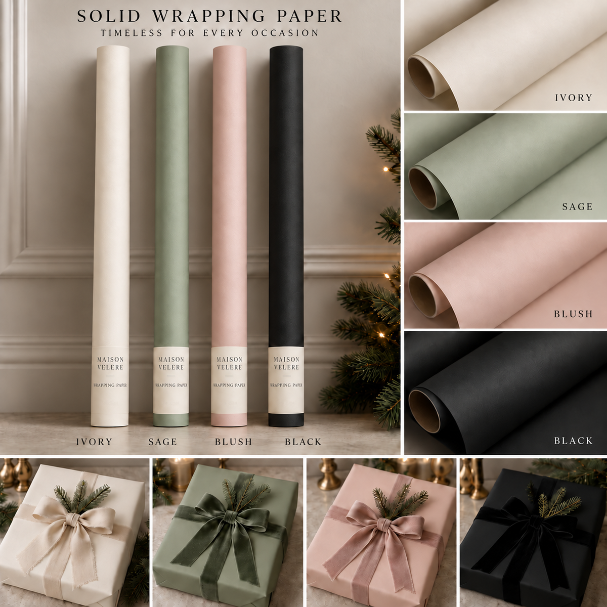 Maison Velere solid wrapping paper in ivory, sage, blush and black with coordinating wrapped gifts